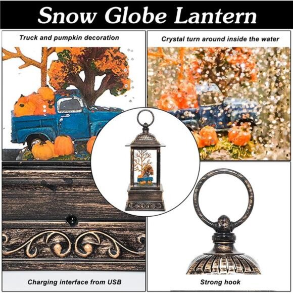 Fall Snow Globe Lantern Lighted Harvest Truck Pumpkin Glitter Home Fall Decor - Picture 5 of 7